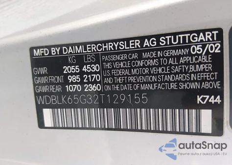 2002 Mercedes-Benz Clk 320 from USA, damaged, VIN WDBLK65G32T129155